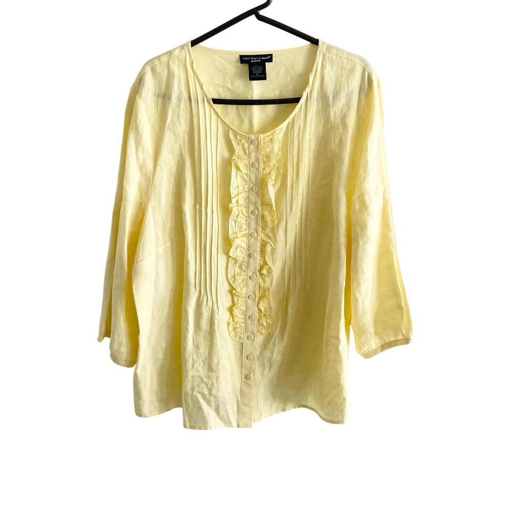 Saint Tropez West Woman Yellow Linen Ruffle Pintuck Blouse 1X 3/4 Sleeve